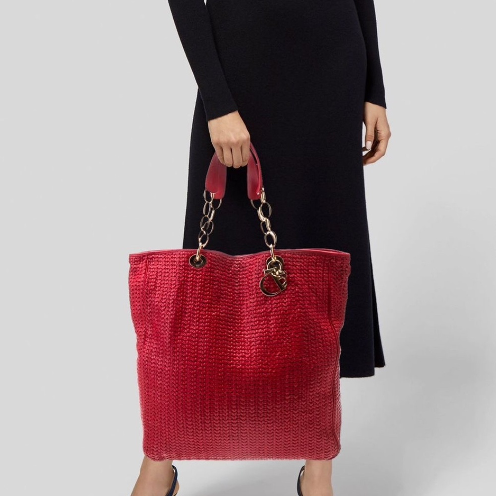 Authentic Christian Dior Rafia Lady Dior Tote Red - Picture 3 of 15